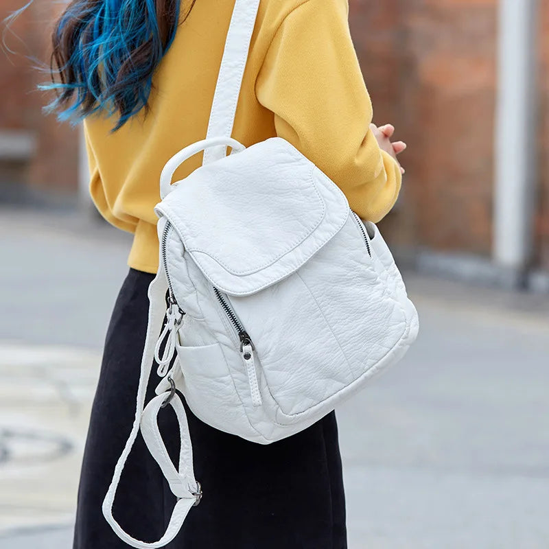 Stylish Women's White Washed Leather Backpack for Casual Travel