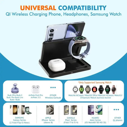 Soporte de carga inalámbrica rápida 3 en 1 para teléfonos, relojes y auriculares