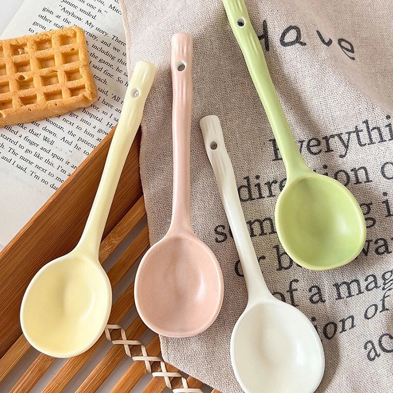 Elegant Ceramic Soup Spoon Set | Long Handle Ladle for Dining