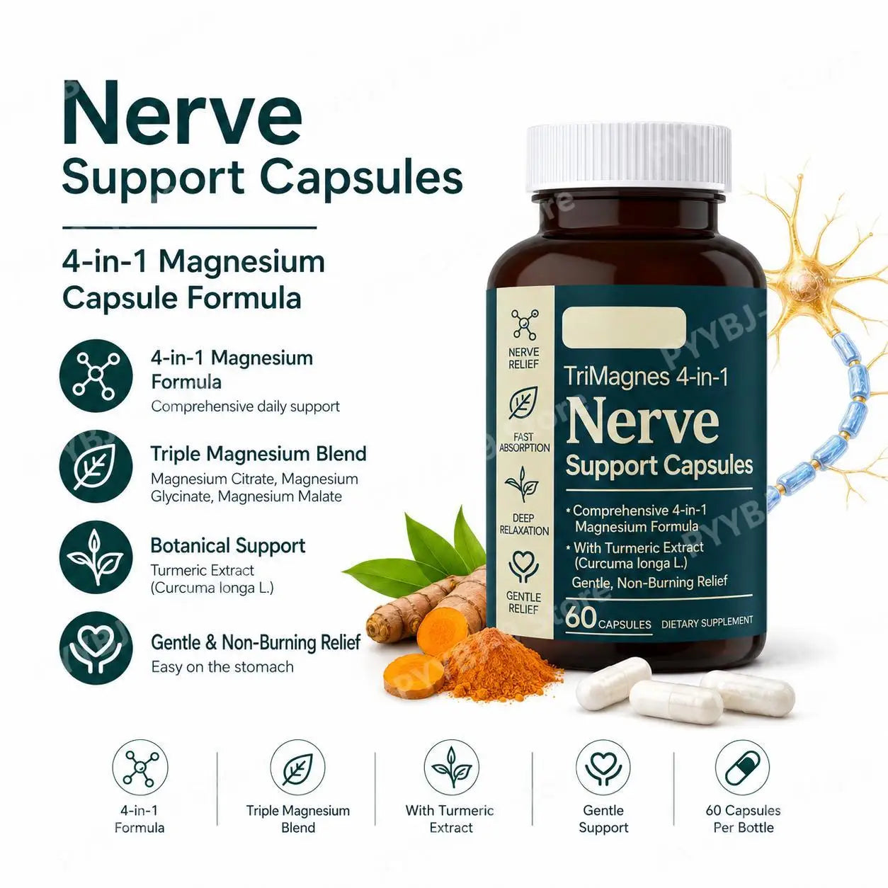 4-in-1 Nerve Support Capsules with Magnesium & Turmeric Extract