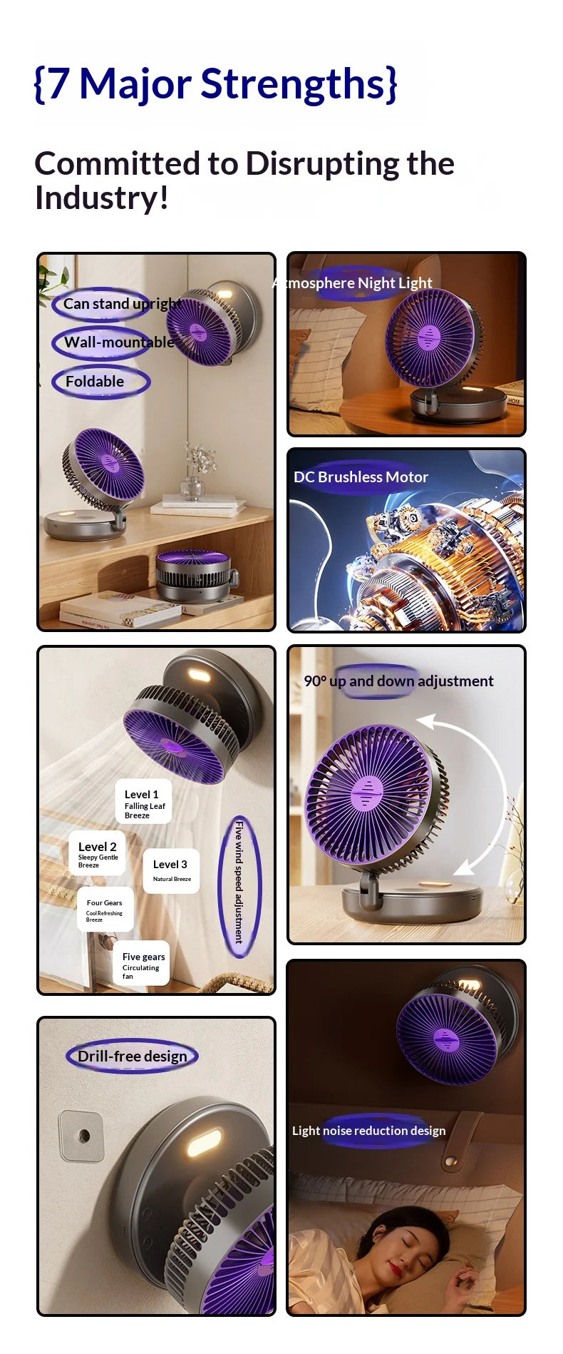 5000mAh Foldable Glow-in-the-Dark Portable Wall Mount Fan