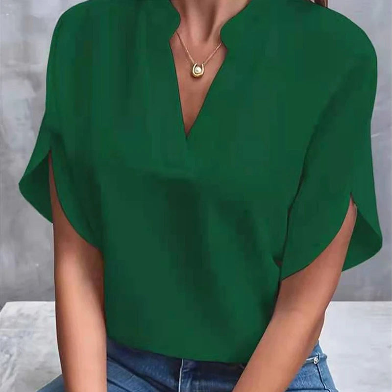 Women's Summer Solid Color Casual V-Neck Short Sleeve Shirt