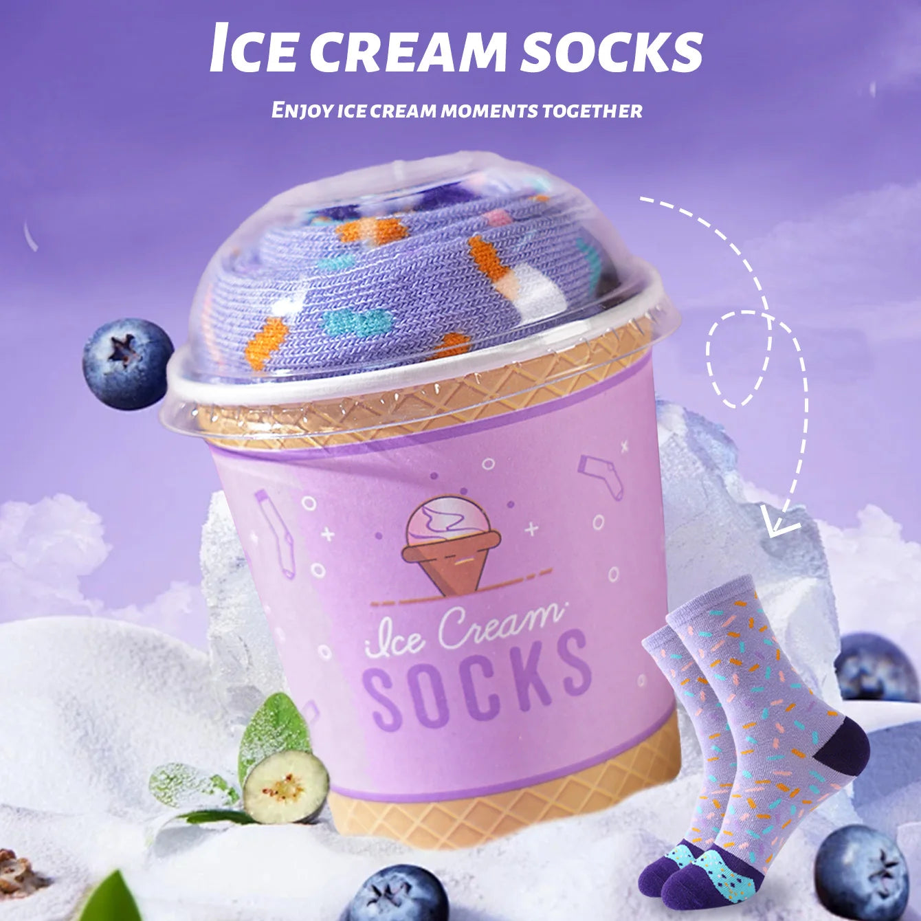 Novelty Blueberry Ice Cream Gift Box Socks | Fun Unisex Mid-Calf