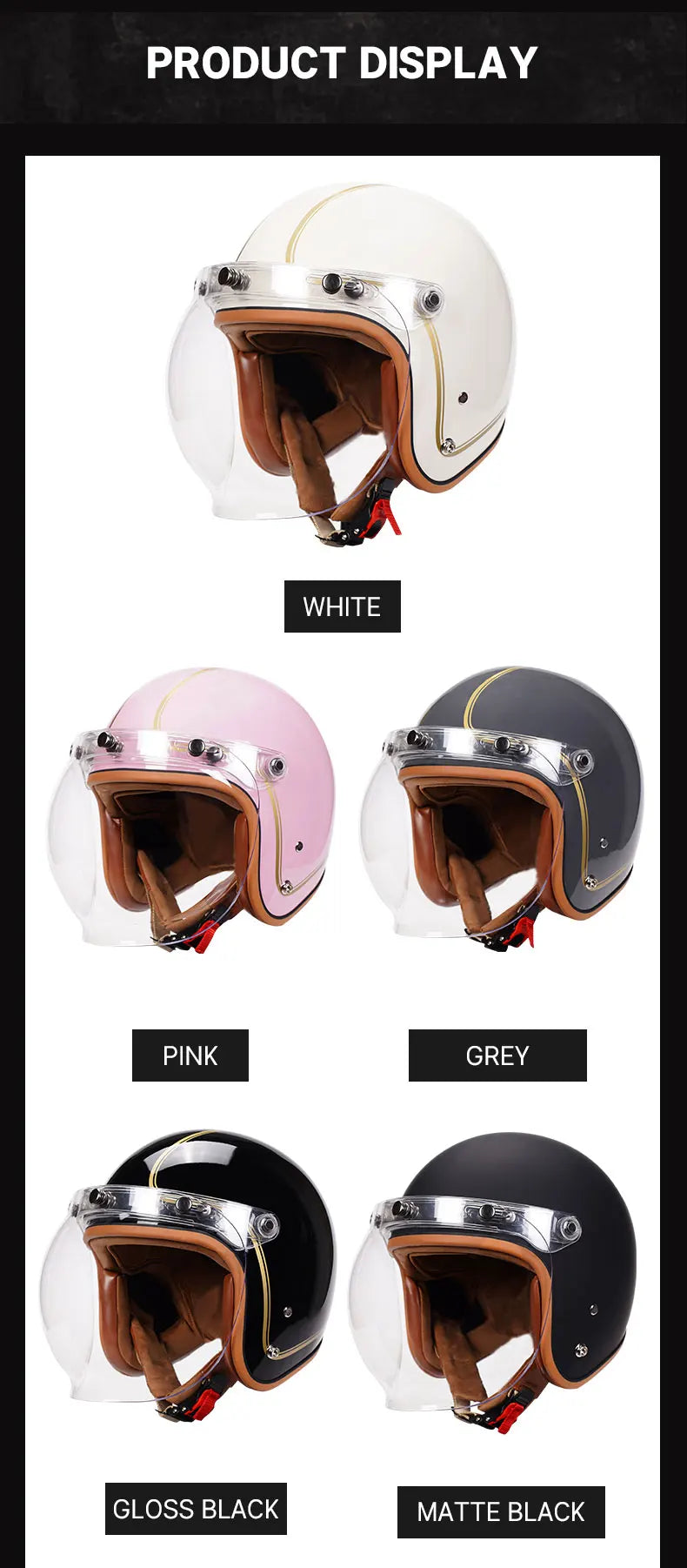 3/4 Open Face Retro Motorcycle Helmet with Bubble Visor - DOT Approved