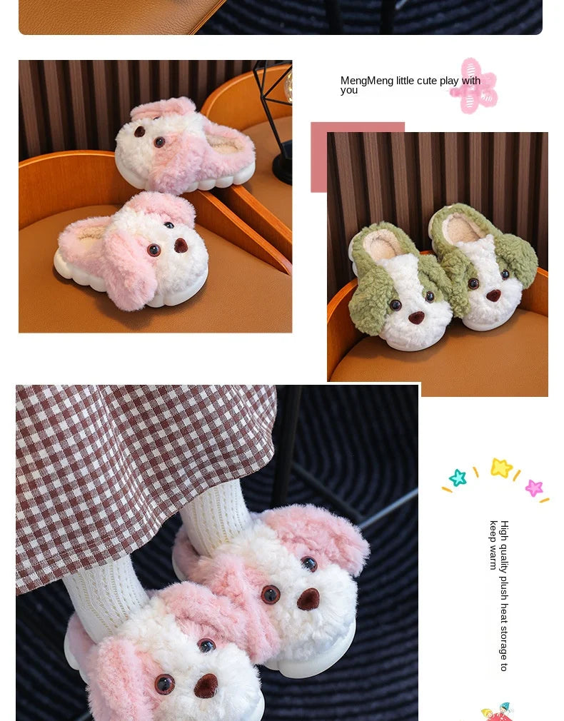 Cute Puppy Plush Slippers for Kids | Non-Slip Cozy Footwear