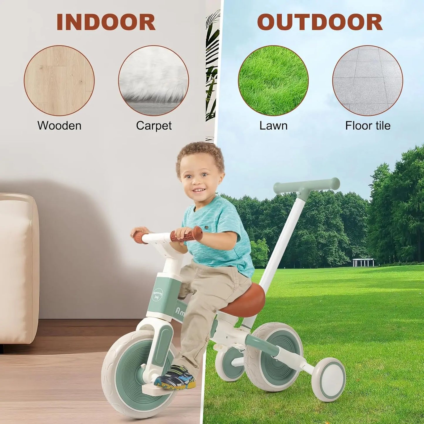 6-in-1 Toddler Tricycle with Adjustable Seat and Training Wheels