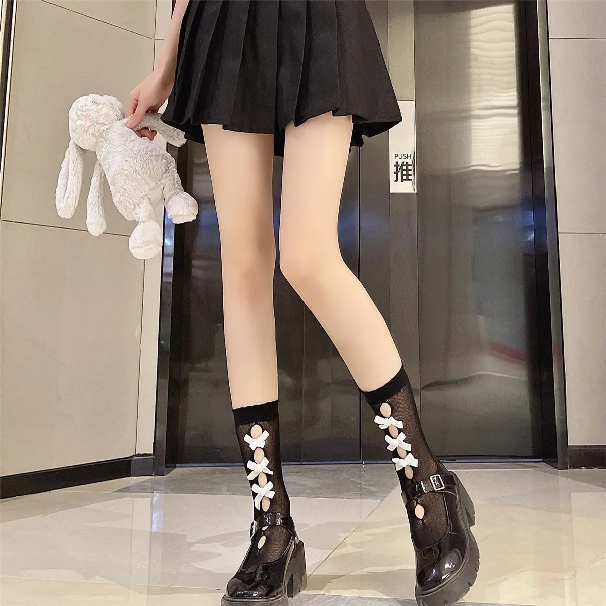 Kawaii Hollow Out Mesh Fishnet Socks | Cute Bow Long Stockings