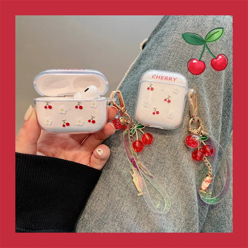 Funda de silicona transparente con diseño de cereza sonriente para AirPods