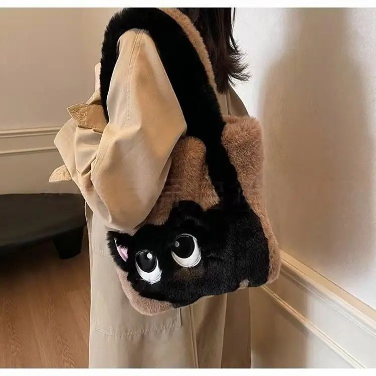 Cute Cartoon Women's Cat Pattern Tote Bag | Plush Shoulder Handbag