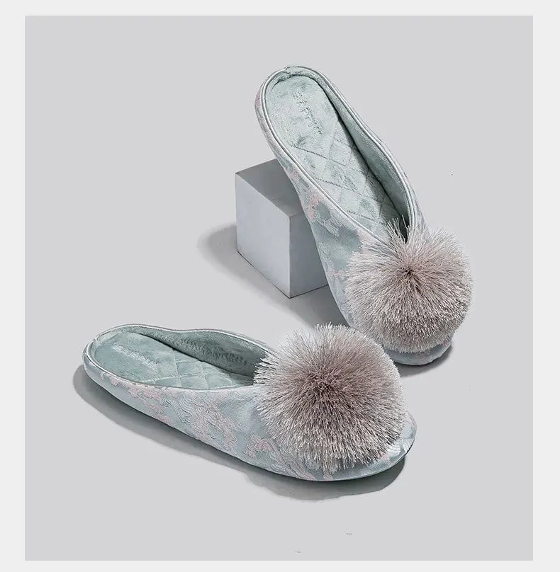 Ladies Indoor Cotton Slippers with Pom Poms | Stylish Comfort