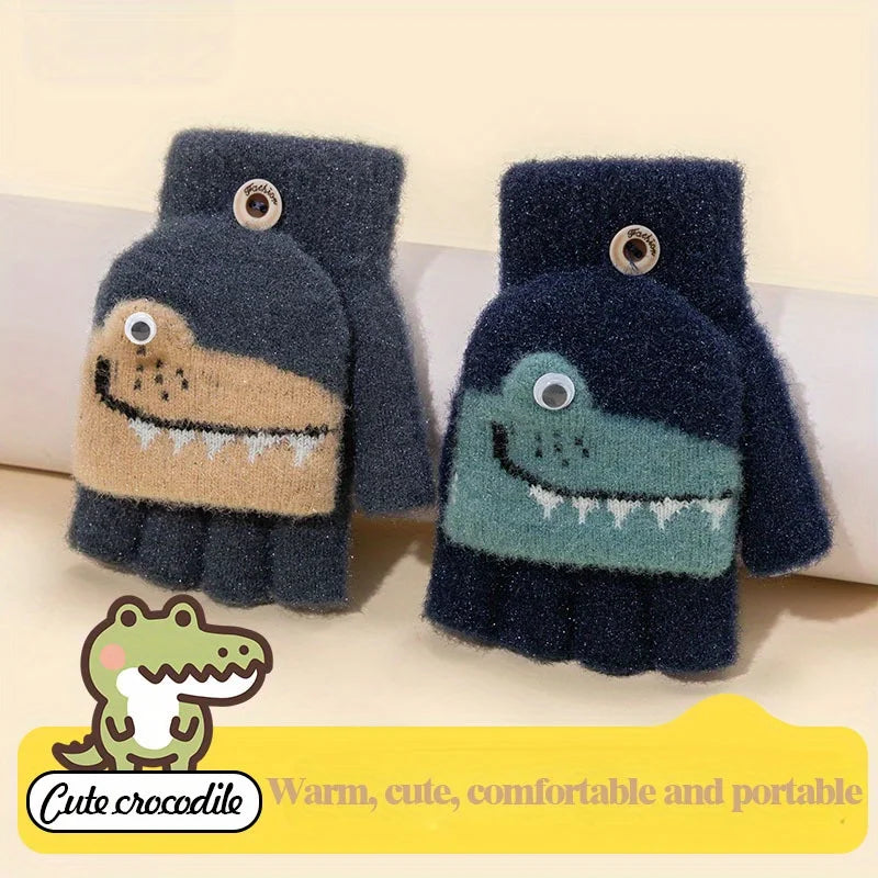 Kids Knitted Alligator Writing Gloves | Warm Winter Fingerless Gloves