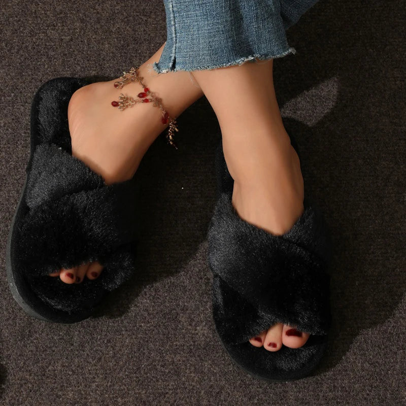 Women's Cross Band Fluffy Plush Slippers | Cozy Indoor House Shoes