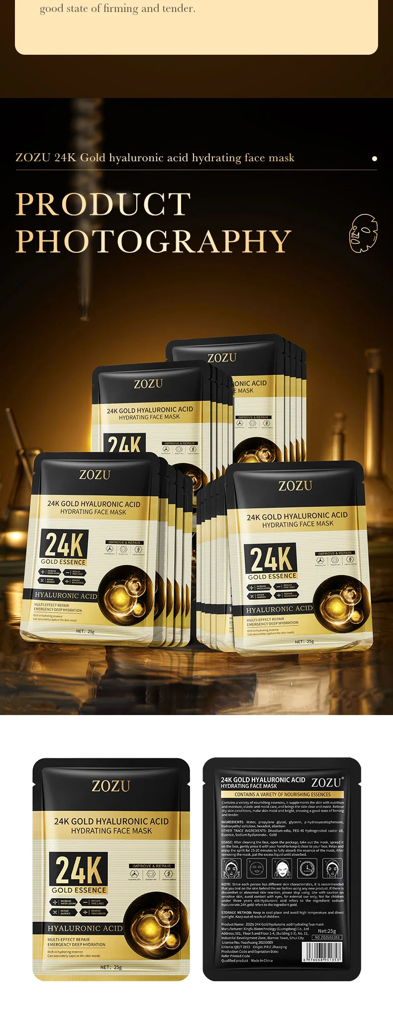 10pcs 24K Golden Hyaluronic Acid Face Masks for Glowing Skin