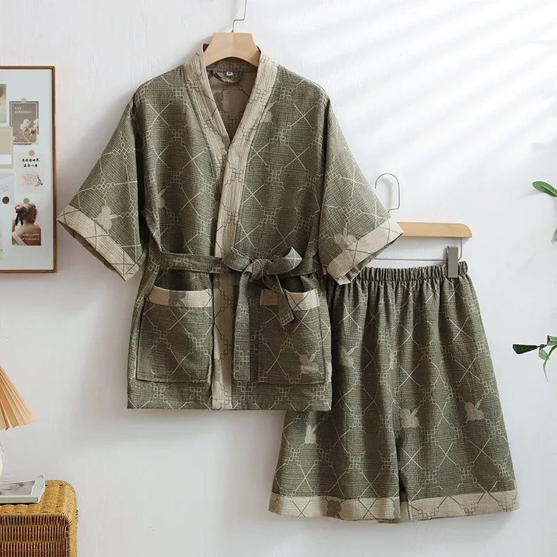 Cotton Double-layer Yarn Jacquard Sweat Steam Clothes Hotel Bathrobe Physiotherapy Clothes with Shorts Pajamas for Women