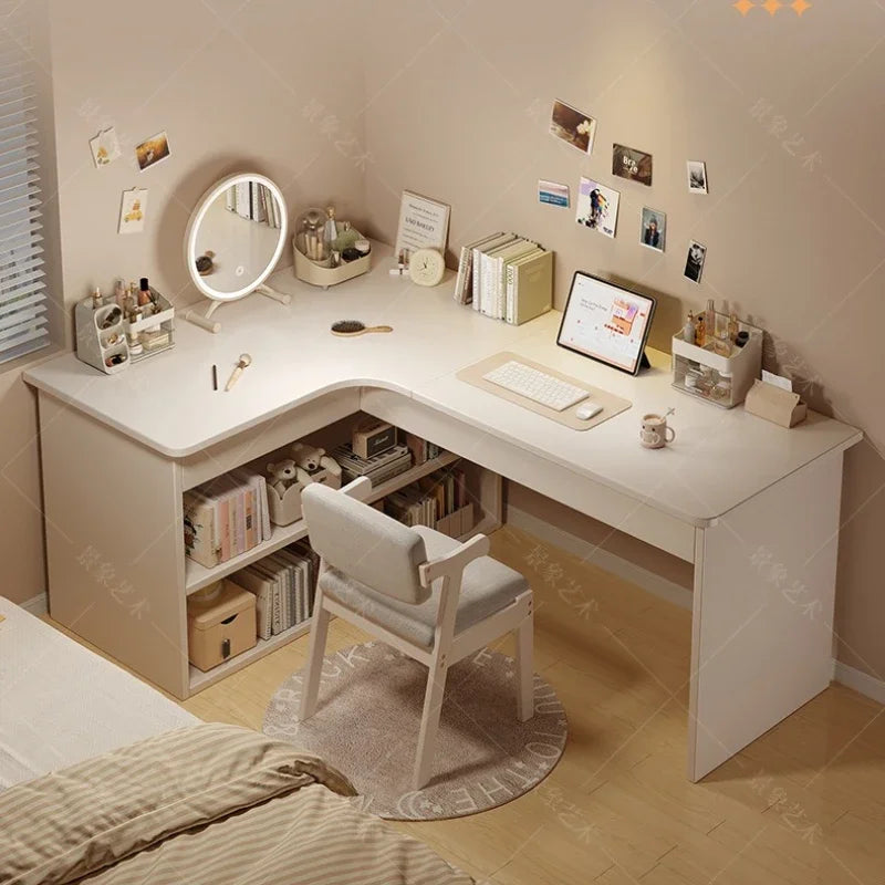 Integrated Corner Workbench & Bookshelf | Modern White Computer Desk