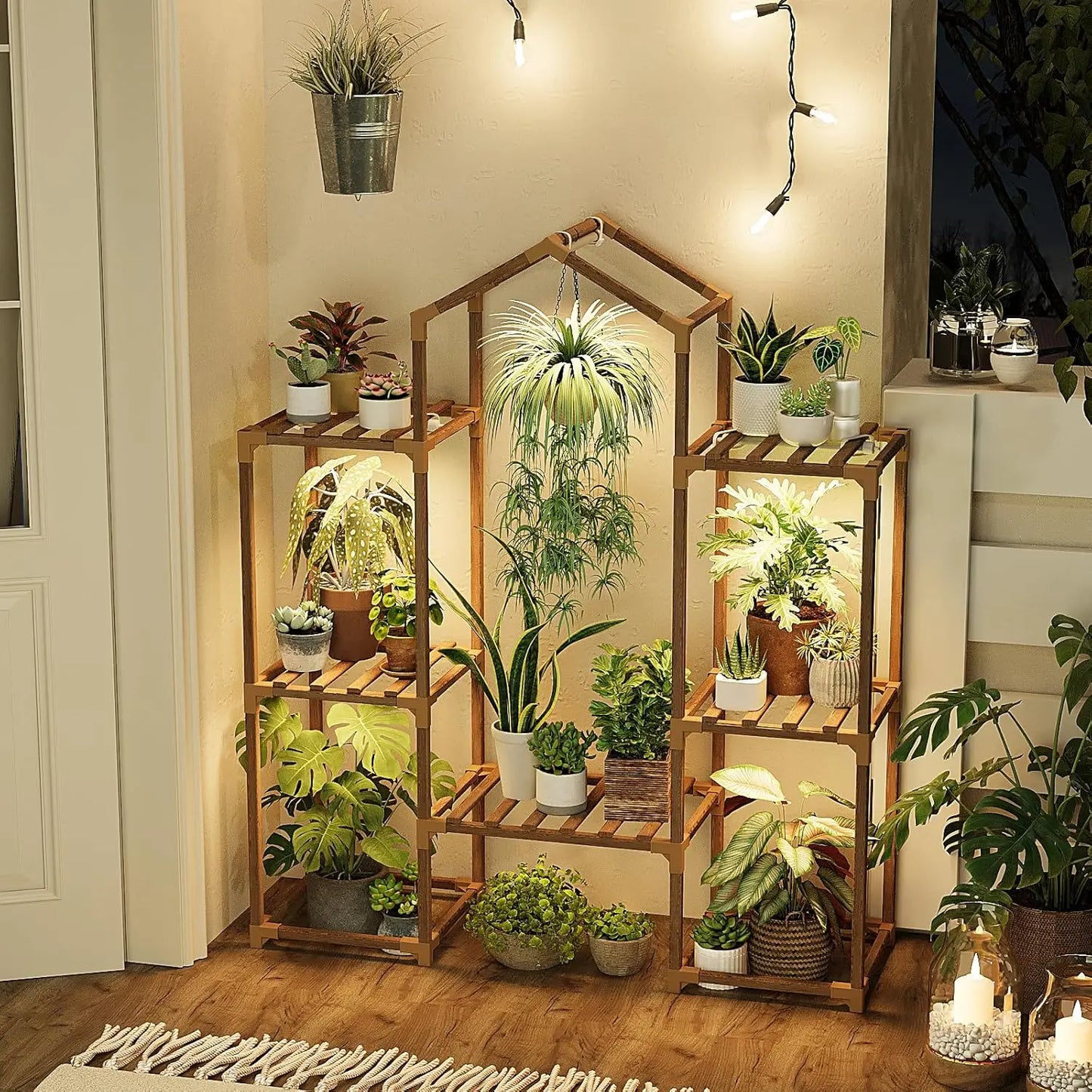 Estantería de madera para plantas con luces de cultivo para decoración interior y de patio