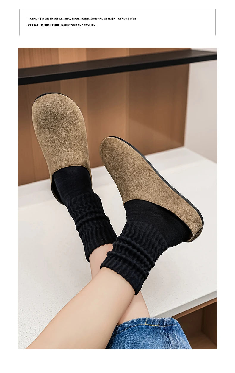 New Men's Slippers New Retro Solid Color Flat Bottom Women's Slingback Shoes Closed Toe Round Toe Suede Clogs Sandals Autumn