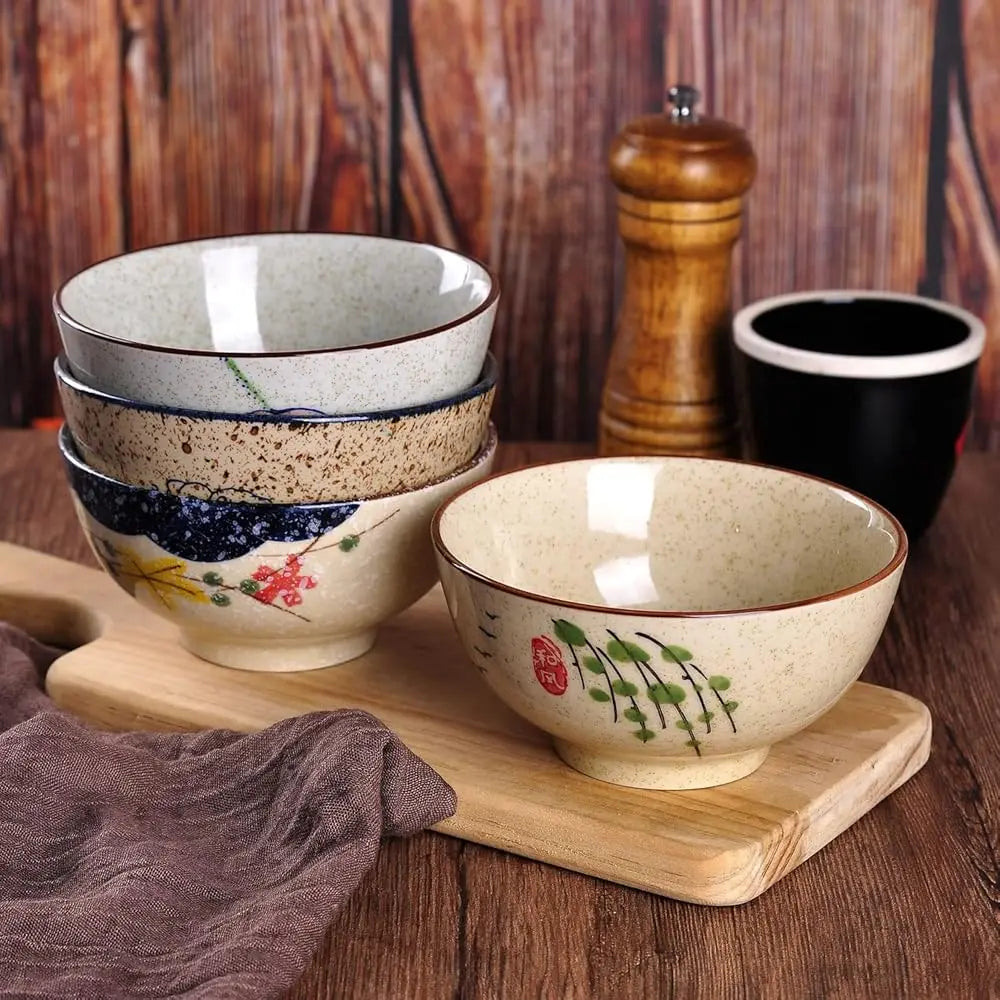 Creative Hand-Painted Floral Ceramic Soup & Rice Bowls Set