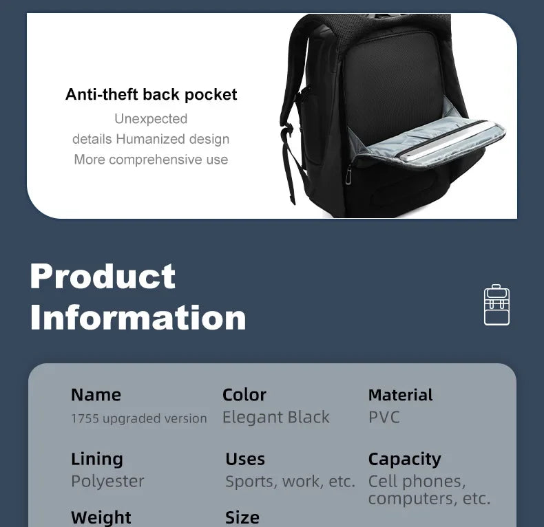 Large Capacity Waterproof Laptop Backpack with USB Charging