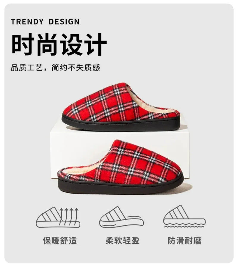 Men's Striped Plaid Fleece Slippers | Warm Cozy House Shoes