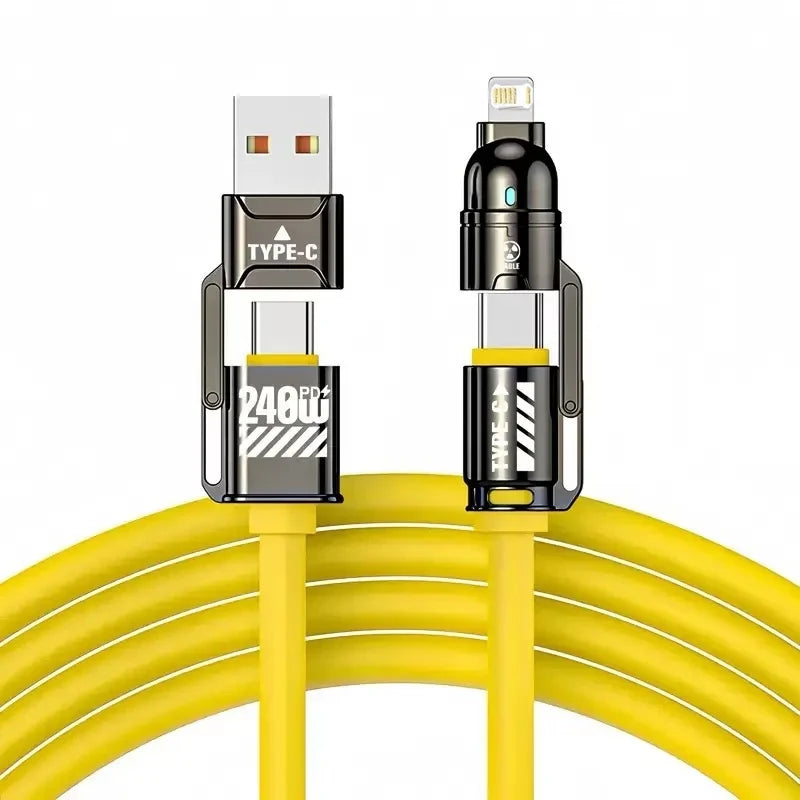 240W Super Fast Charging 4 In 1 Data Cable Dual Type-C+Lightning+USB Ports Phone Charging Cable For iPhone Samsung Huawei Xiaomi