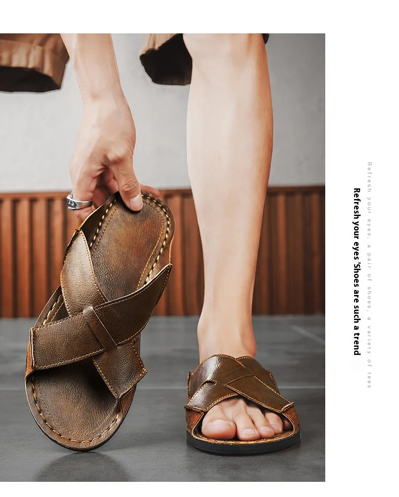 Plus Size Men Leather Slippers Homes In Indoor Slippers Summer Open Toe Sandals Comfy Antiskid Soft Bottom Casual Walking Shoes