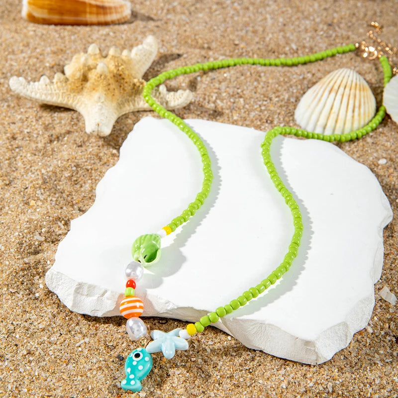 Y2K Boho Acrylic Ceramic Fish Starfish Mushroom Pendant Colorful Bead Choker Necklace For Women Beach Ocean Jewelry Accessories