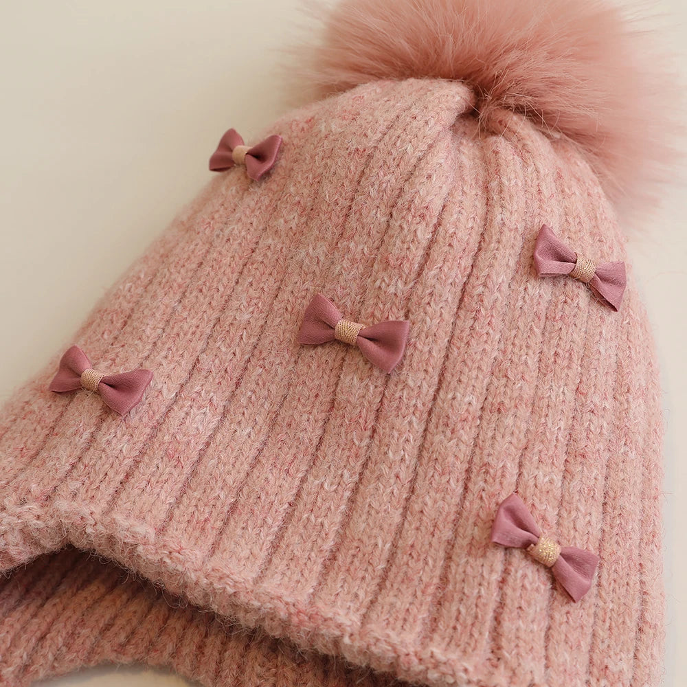 Warm Winter Hat for Girls | Cute Kids Bonnet with Pompom & Bows