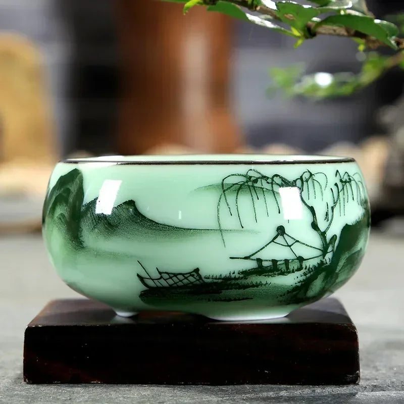 Traditional Hand-painted Celadon Teacup Set | Unique Tea Experience