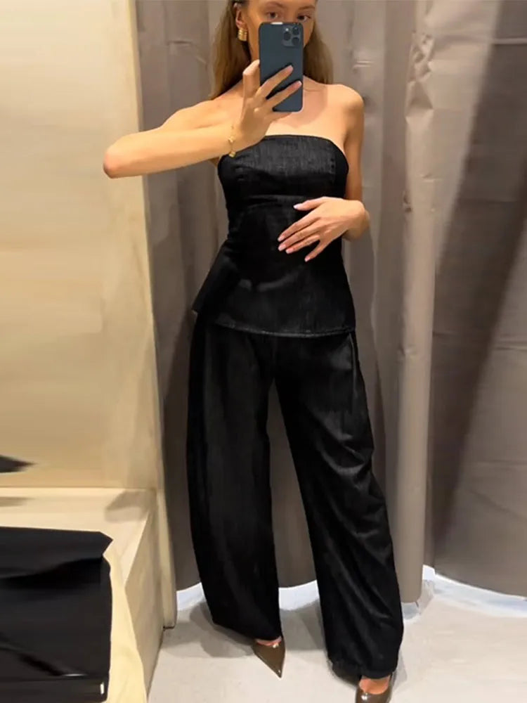 Women’s Retro Denim Vest Suit Jacket & High Waist Pants Set
