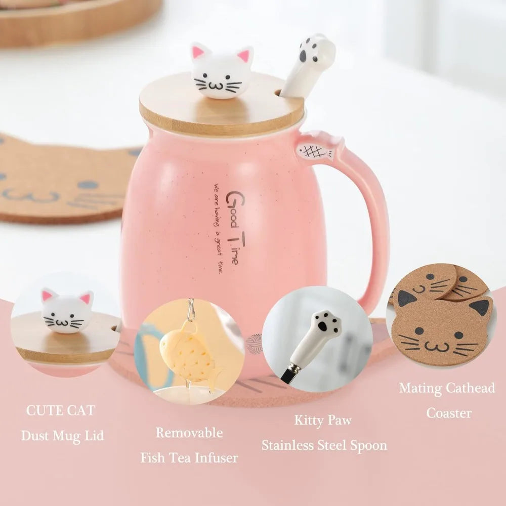 Cute Cat Water Cup | Adorable Ceramic Mug with Lid & Spoon