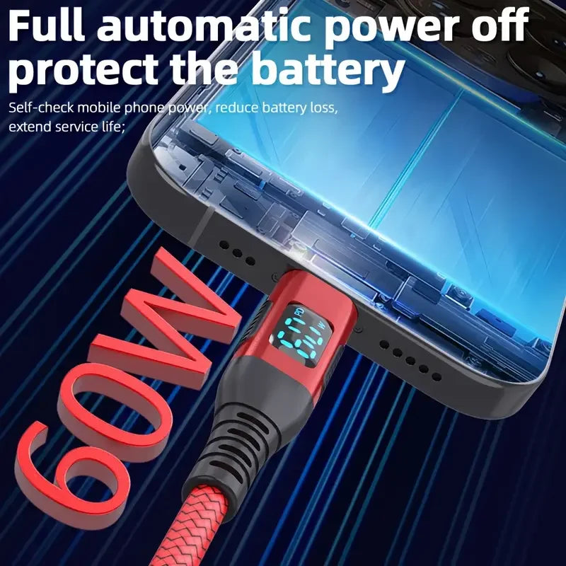 60W USB A to Type C Fast Charging Cable with Digital Display