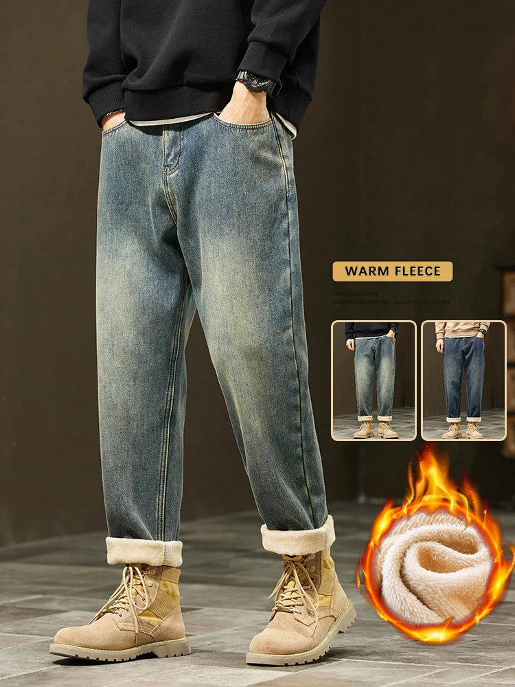 Men's Retro Loose Winter Fleece Jeans | Warm Plush Velvet Pants