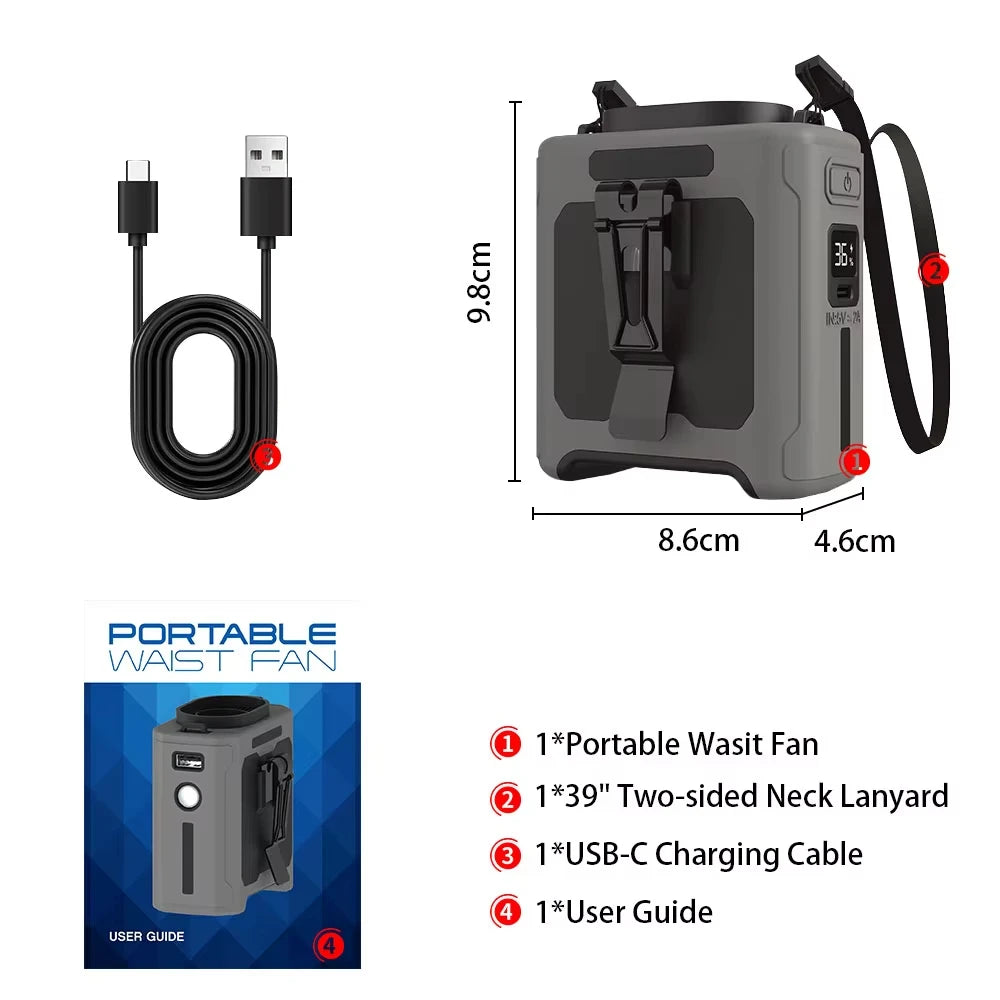 10000mAh Wearable Waist Fan | Hands-Free Cooling for Outdoor Use