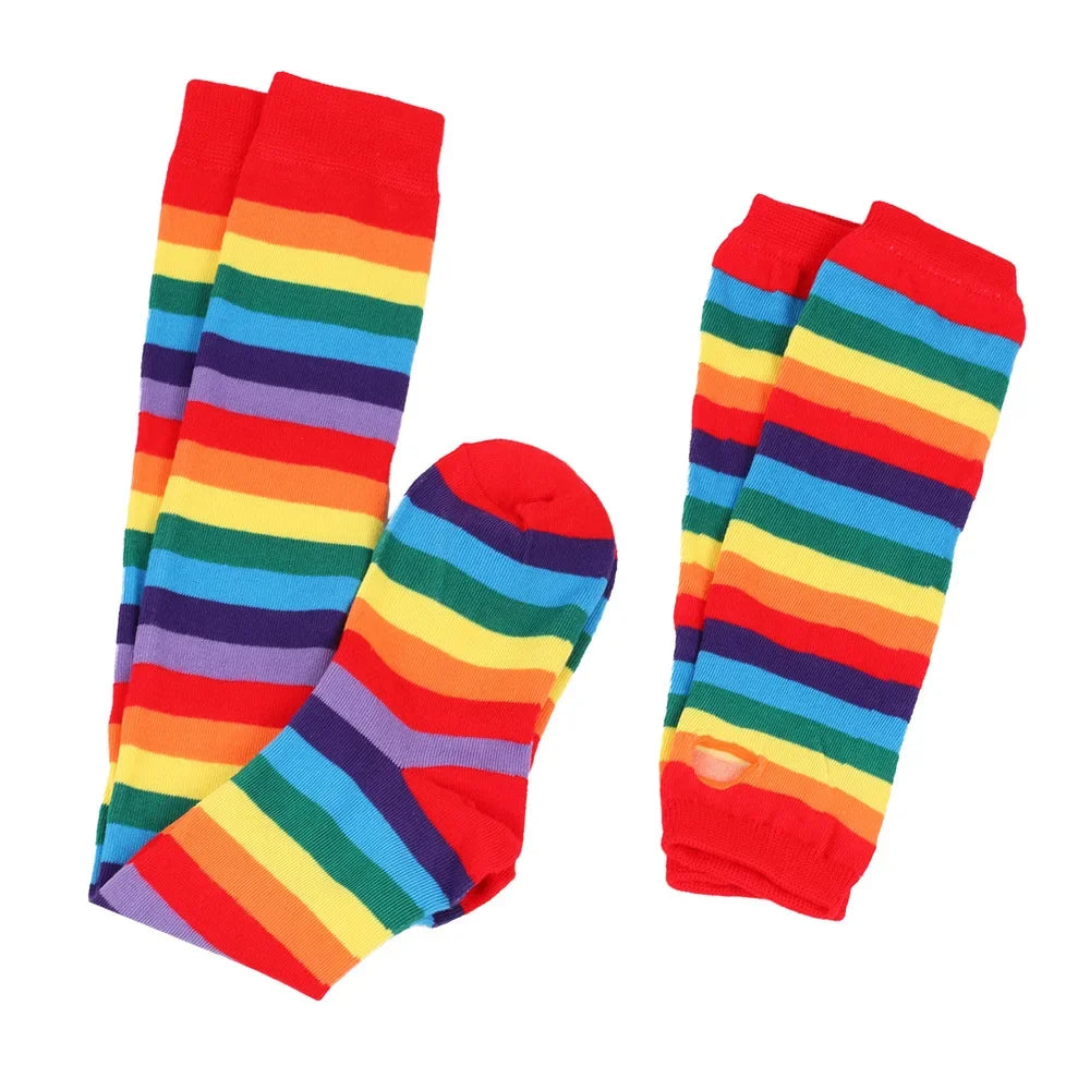 Women’s Rainbow Stripes Over Knee Socks & Elbow Gloves Set
