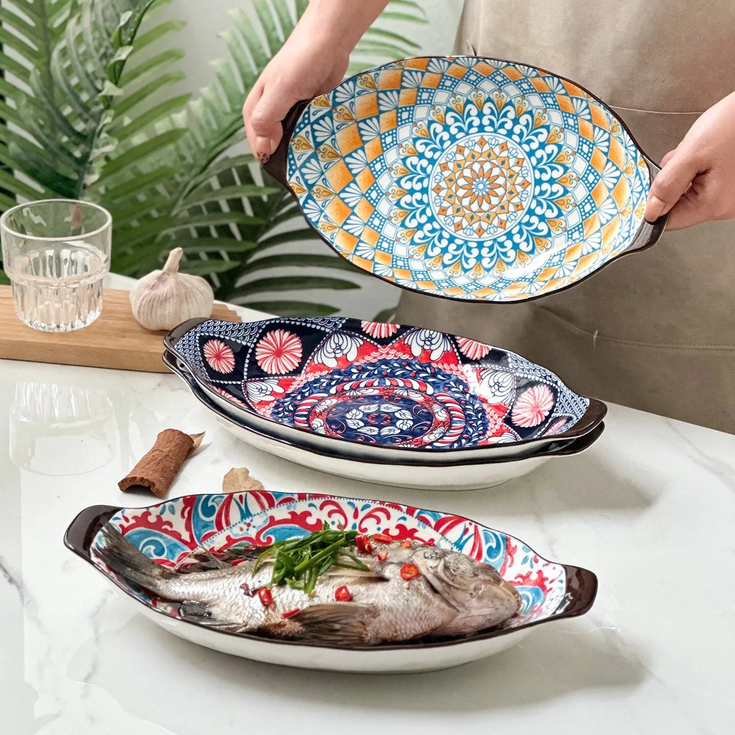 13-Inch Bohemian Double-Handle Ceramic Deep Plate for Seafood