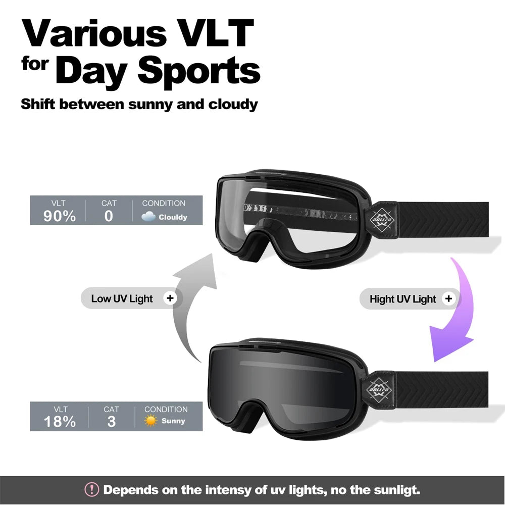BOLLFO Photochromic Motorcycle Goggles Motorbike Eyewear OTG UV Protection Auto-tinting ATV Glasses Windproof Dirt Bike Goggles