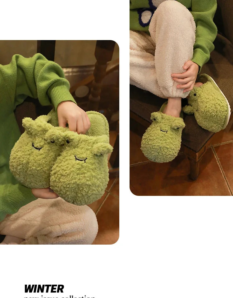 Lindas pantuflas de felpa de rana | Zapatillas de casa cálidas de dibujos animados