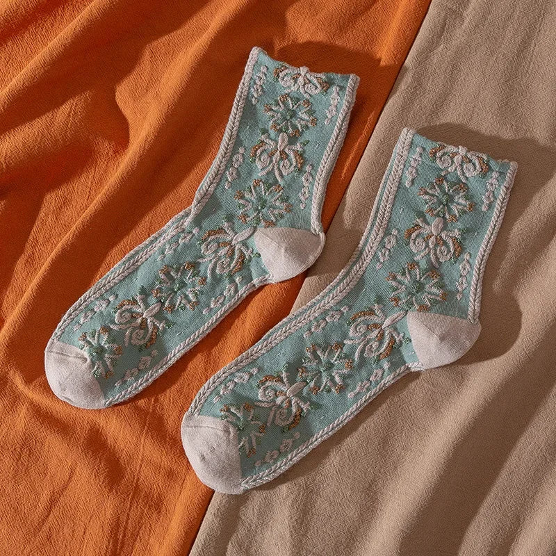 Elegant Flower Embroidery Women Socks | Kawaii Retro Style