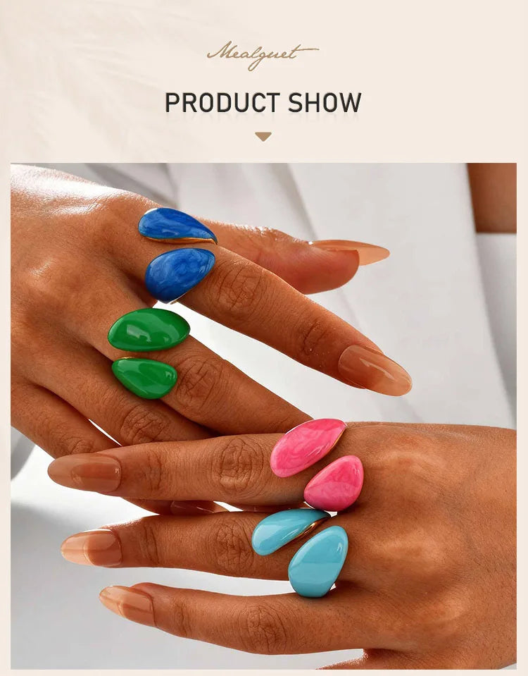 Chunky Open Twist Stackable Rings for Women, Blue Geometric Bold Enamel Crossover Statement Ring Band Waterproof