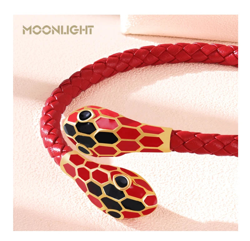 MOONLIGHT Classic Style Double Snake Head Cuff Bangles for Women Genuine Braided Leather Bracelets Female Fashion Jewelry Gifts