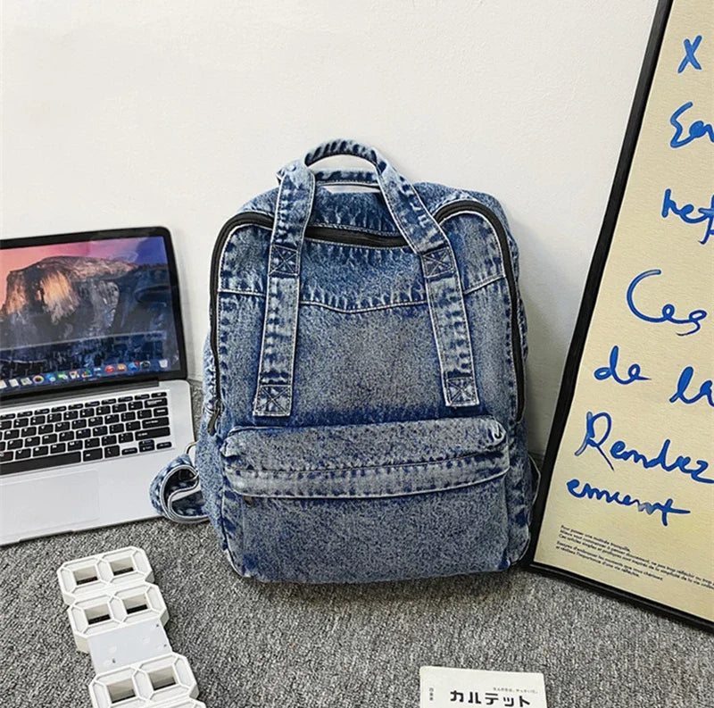 Casual Denim Backpack | Large Capacity Laptop Bag for School & Travel