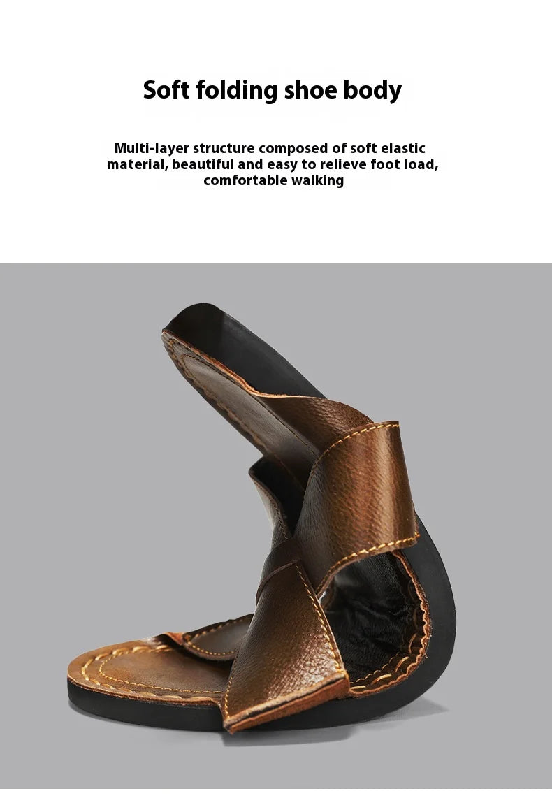 Plus Size Men Leather Slippers Homes In Indoor Slippers Summer Open Toe Sandals Comfy Antiskid Soft Bottom Casual Walking Shoes