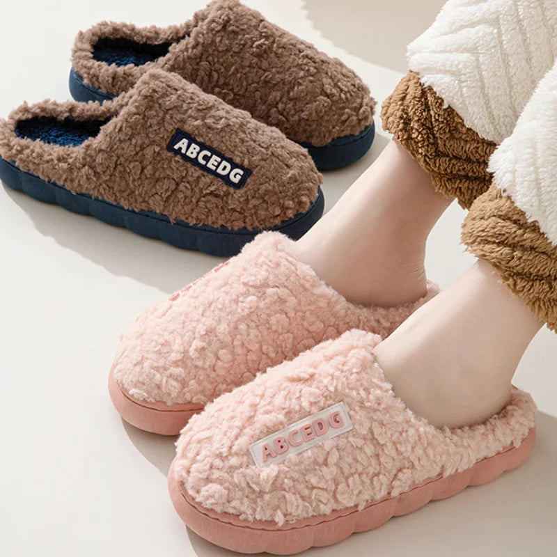 Unisex Thick Sole Plush Slippers | Warm Fluffy Indoor House Shoes