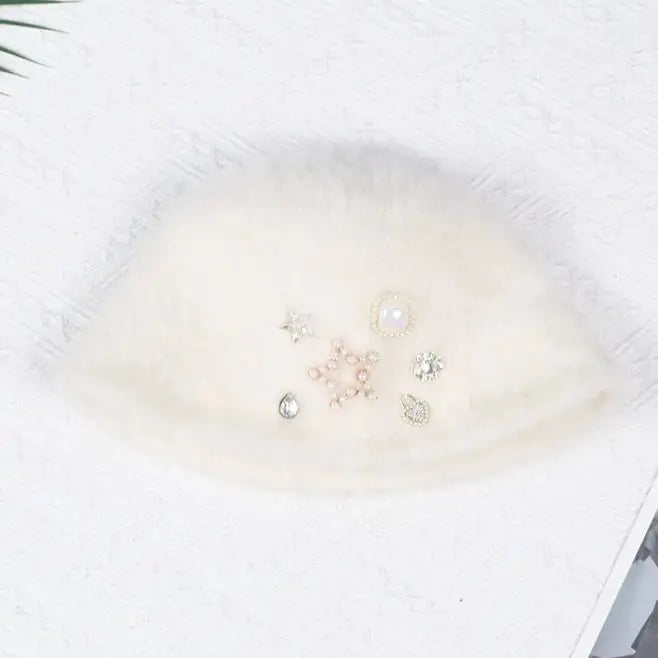 Oversized Rhinestone Rabbit Fur Bucket Hat | Stylish Warm Winter Cap