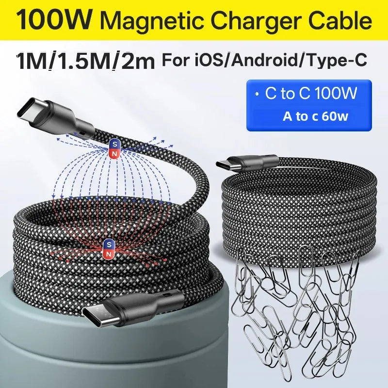 Magnetic Braided USB Type-C Car Charging Cable - 6A Data Transfer