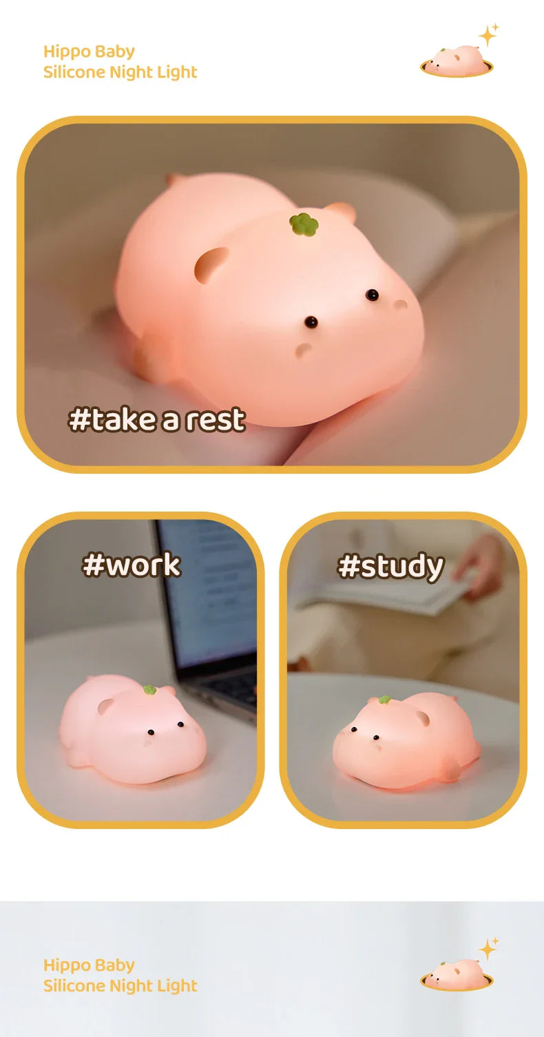 Cute Pink Hippo Night Light | Portable Silicone Kids Lamp