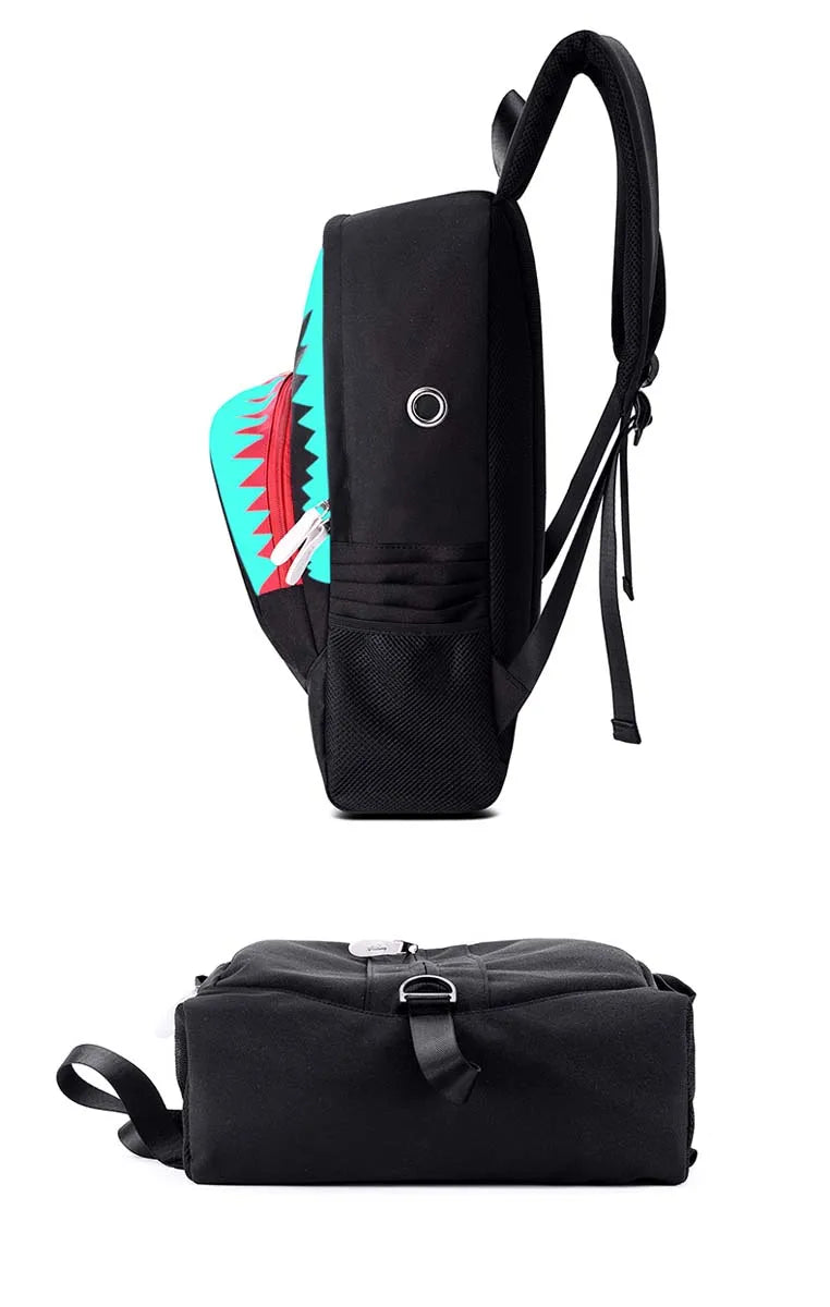 Luminous Shark Mouth Backpack | USB Laptop Travel Bag for Teens