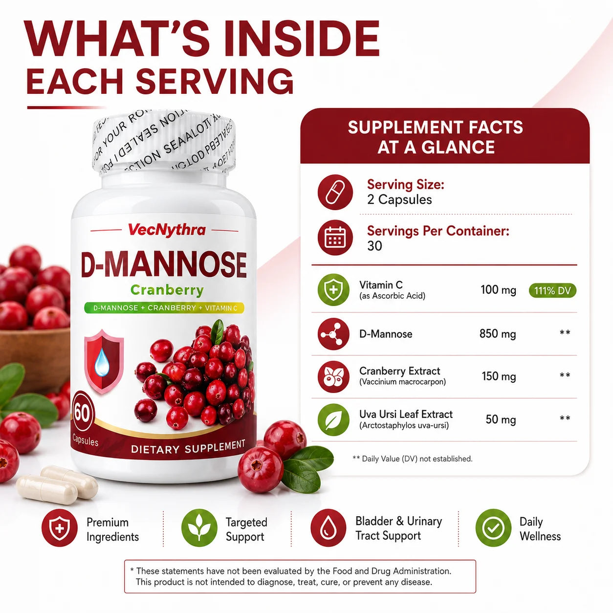 Cranberry D-Mannose Supplement with Vitamin C | 60 Capsules