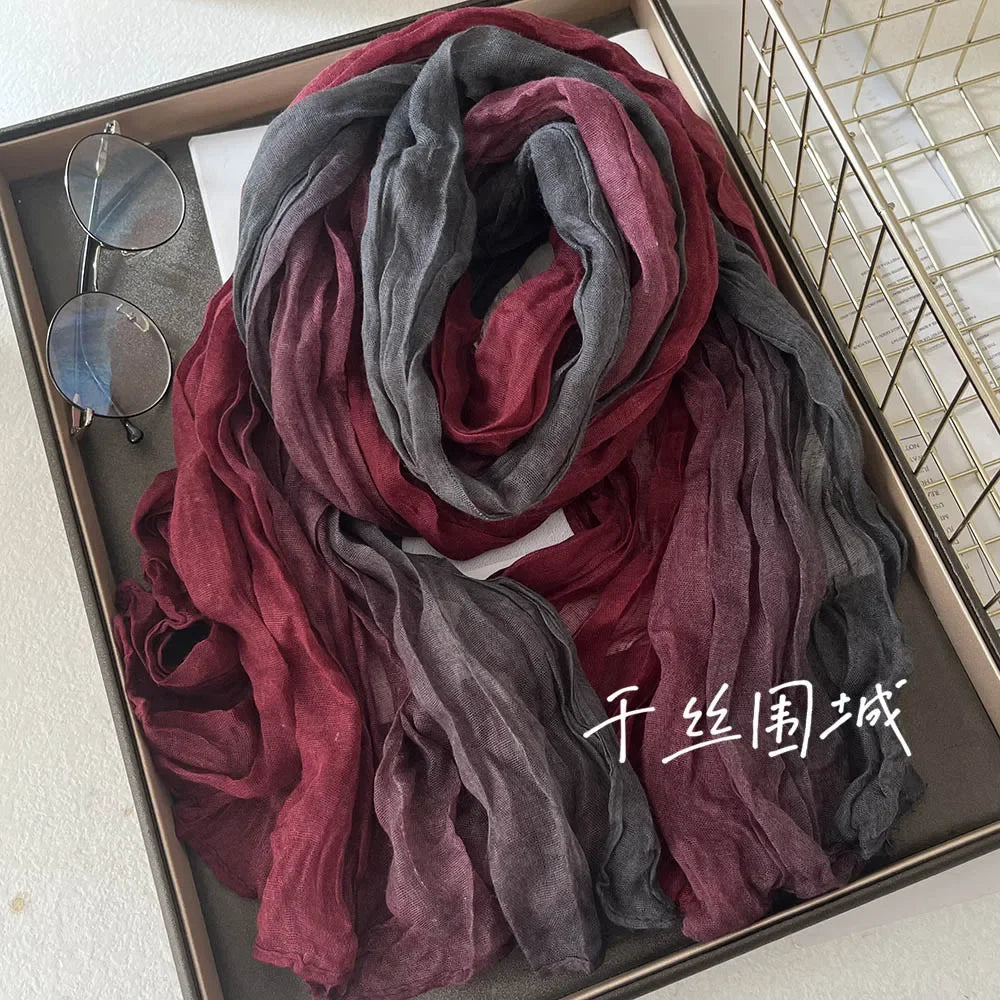 Elegant Women's Long Cotton Hemp Gradient Scarf for Winter Fashion